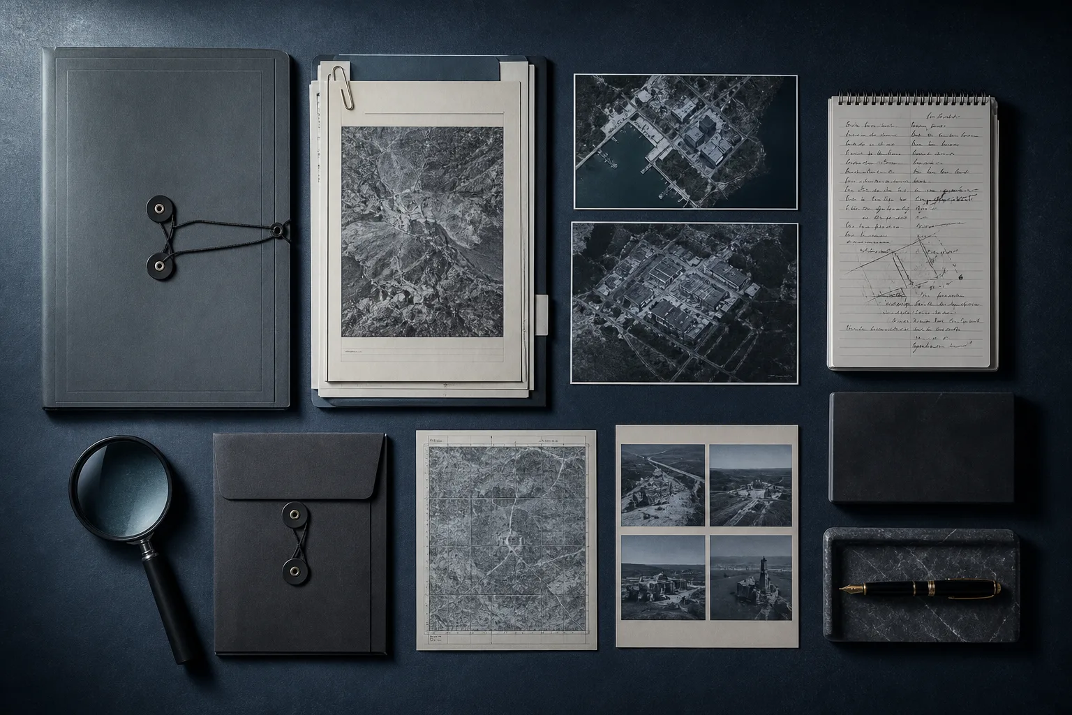 Case evidence laid out methodically: files, aerial photographs, field notes, and a magnifying glass