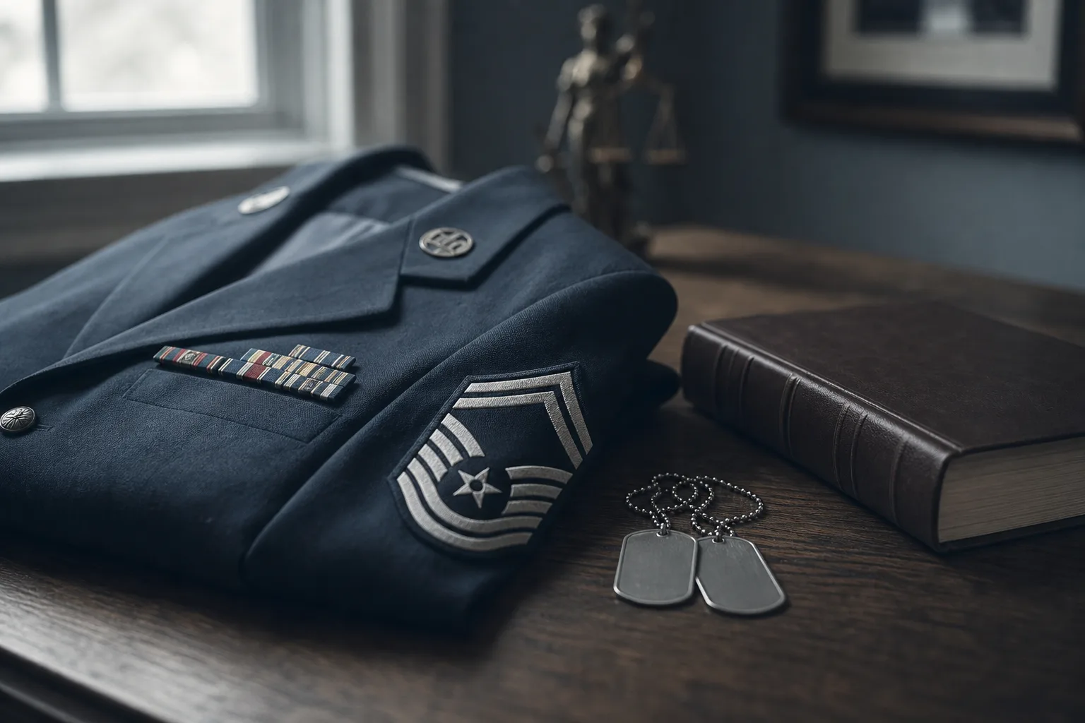 A folded Air Force uniform beside a law book and dog tags